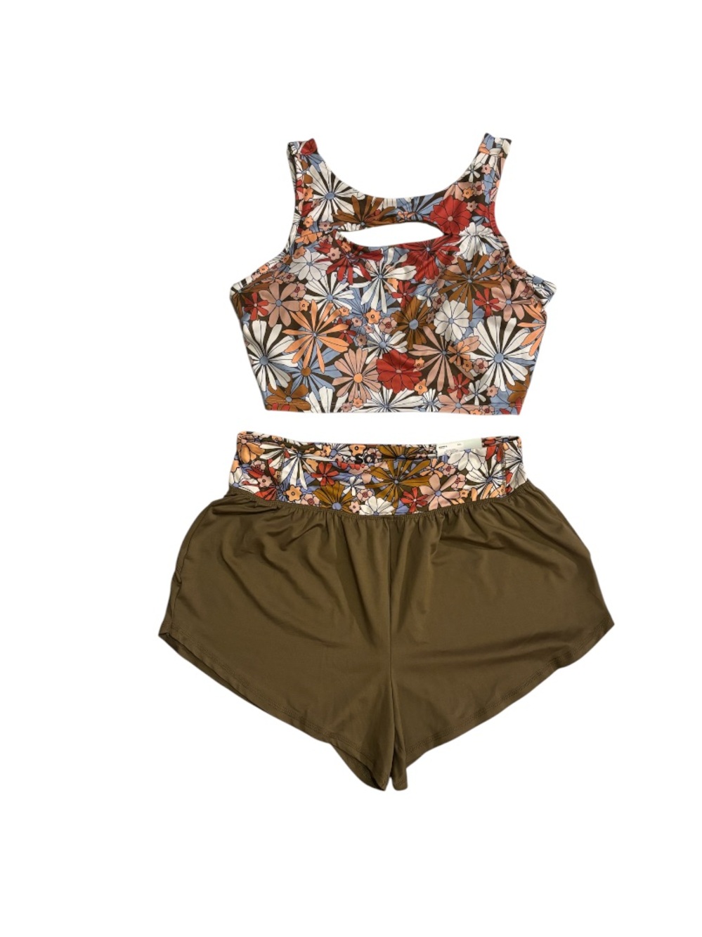 Floral Cutout Crop Tank and Olive Athletic Shorts Set